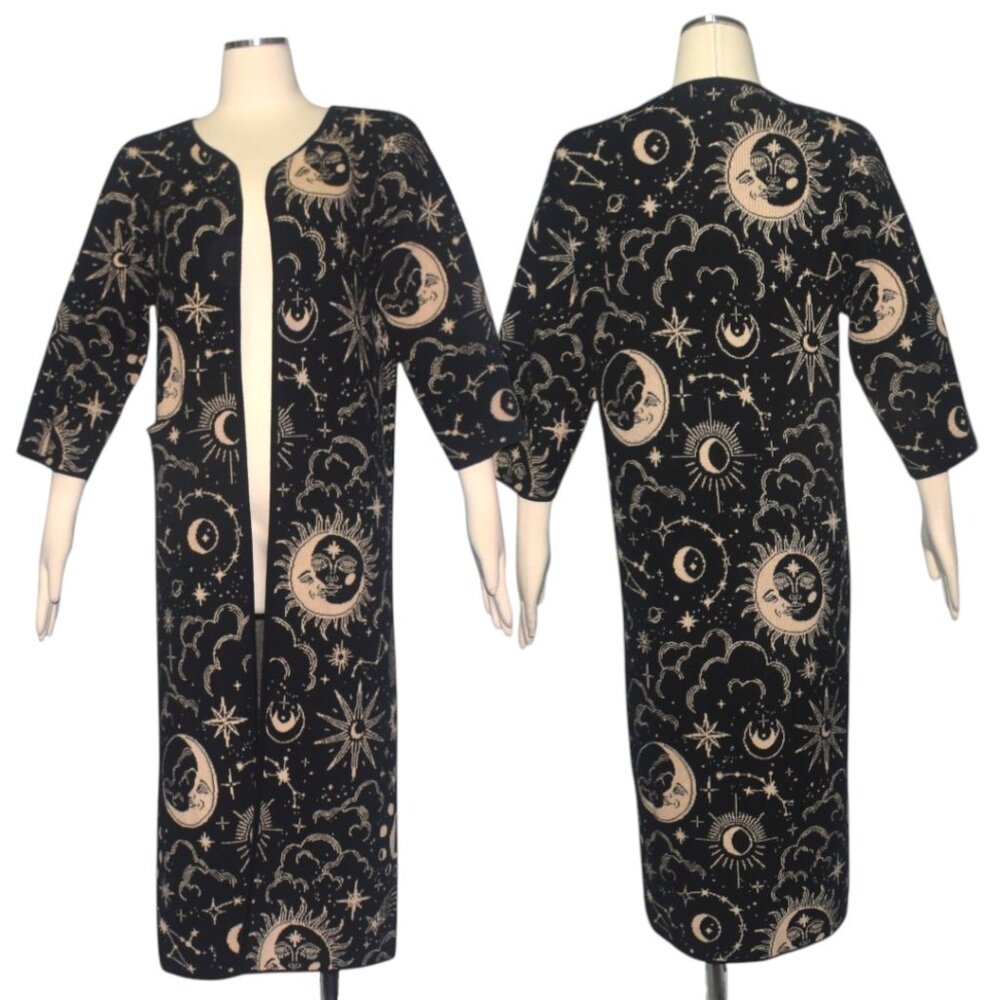 Sleepy Peach The Celestial Tunic Long Knit Cardigan Duster Pockets Moons S M